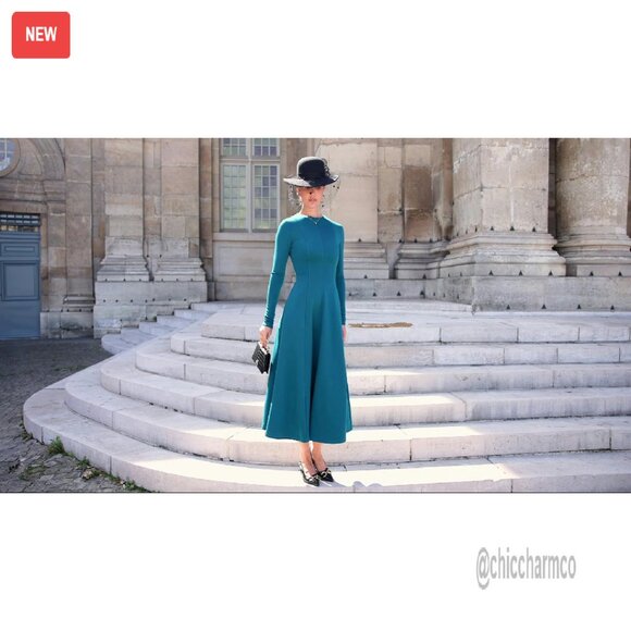 Elegant Long Sleeve Midi Cocktail Dress A-Line Flowy Party Formal - Picture 8 of 8